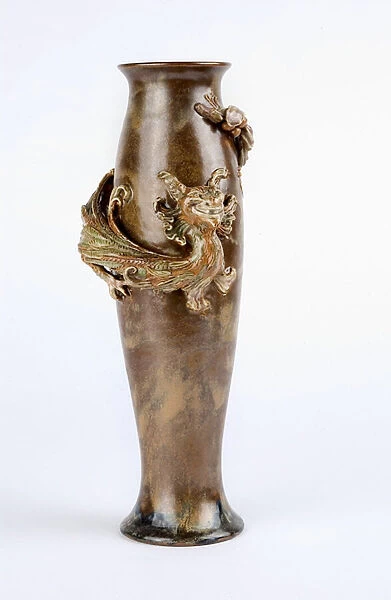 Green and Brown glazed vase with a moulded dragon relief, Doulton & Co. Lambeth, c