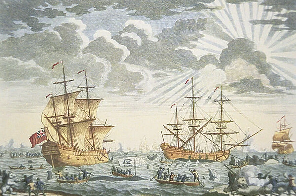 The Greenland or Whale Fishery, engraved by E. Kirkall, c. 1720 (colour litho)