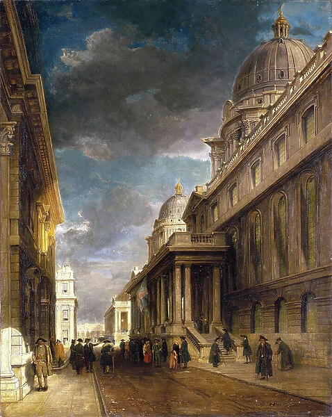 Greenwich Hospital (England) (now College Walk), seen from the west towards Grand Square. Oil on canvas, 1850, by James Holland (1799-1870)