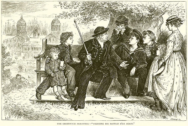 The Greenwich Pensioner--'Fighting his Battles O er again'(engraving)