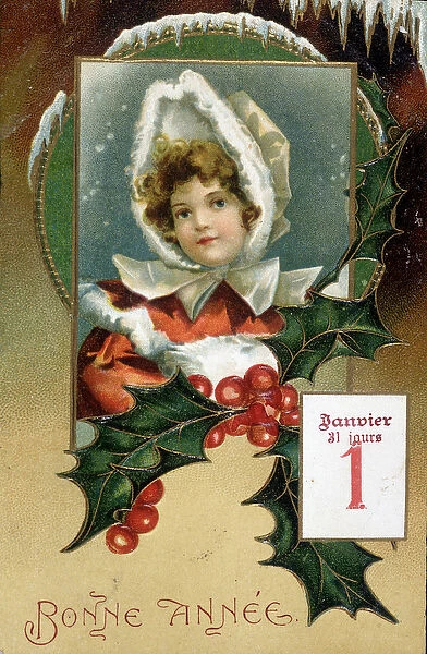 Greeting card: 'Happy New Year'(girl with holly) - postcard, n. d