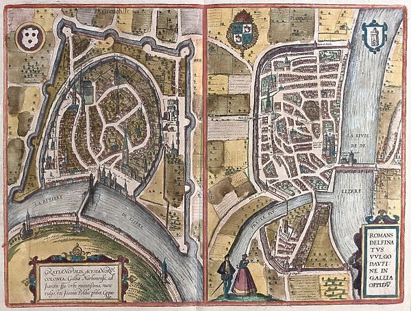 Grenoble and Romans sur Ister, France (engraving, 1572-1617)
