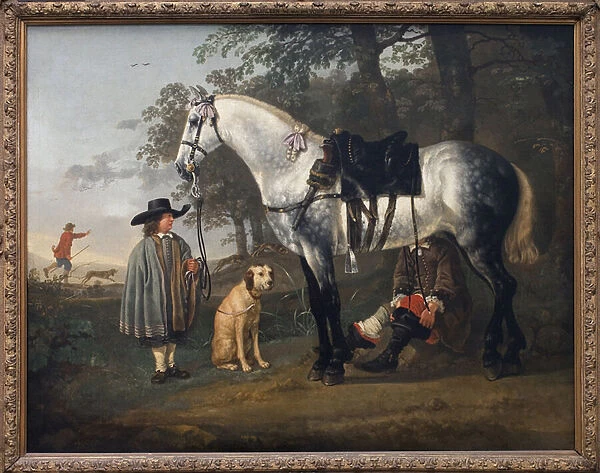 Grey horse in a landscape. Painting by Albert (Aelbert or Aelbrecht) Cuyp (1620-1691)