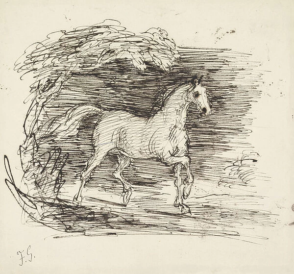 A Grey Horse trotting out of a Wood (pen & ink on paper)