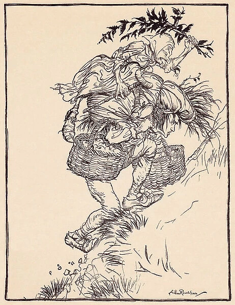 Groaning continually, he climbed the mountain. Illustration by Arthur Rackham from Grimm's Fairy Tale, The Goose Girl at the Well