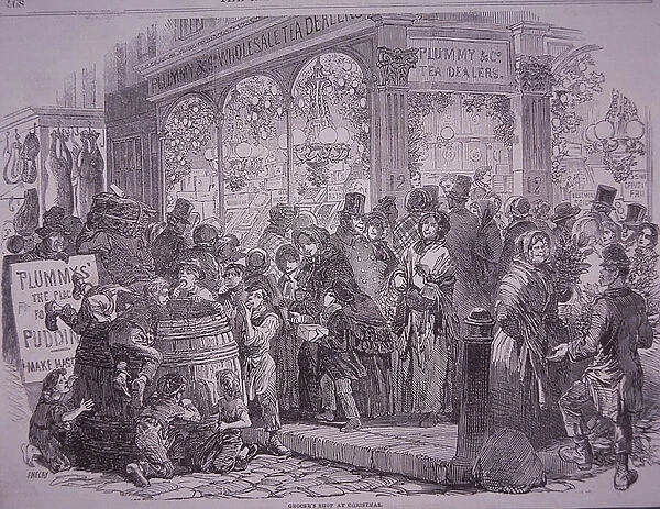 Grocers shop at Christmas, 1852 (engraving)