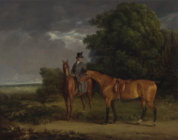 A Groom Mounted on a Chestnut Hunter, He Holds a Bay Hunter by the Reins (oil on canvas)