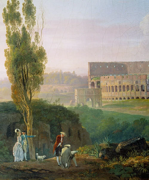 Group of characters, man drawing in front of the ruins of the Colisee