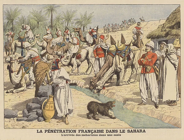 A group of French meharistes (camel cavalry) arriving at an oasis in the Sahara (colour litho)