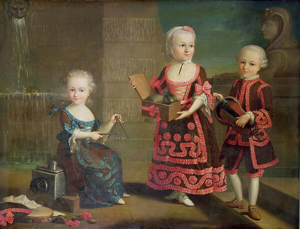 A group portrait of a girl with a marmoset in a Box, a girl with a triangle sitting on a