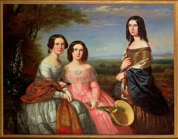 A Group Portrait of Three Girls, Three Quarter Length, in a Landscape