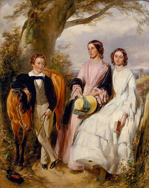 Group Portrait of Two Women, a Boy and his Pony (oil on canvas)
