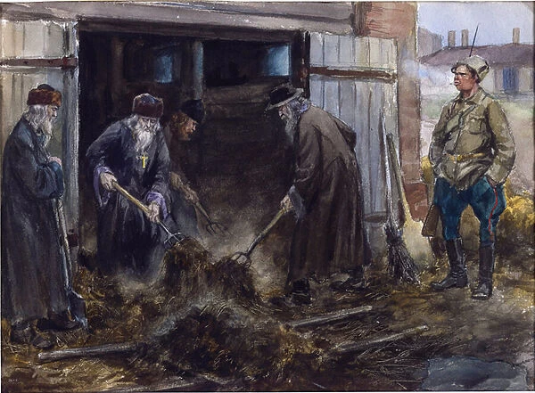 A group of Russian priests forced to clear the barrack stables by Vladimirov, Ivan Alexeyevich (1869-1947). Watercolour, Gouache on Paper, 1918. Private Collection