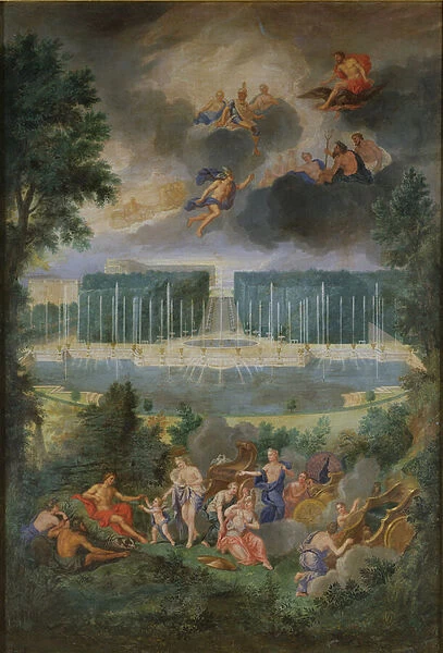 The Groves of Versailles. View of the pool of Neptune and walkway with the Judgement of