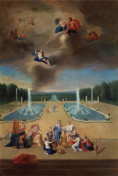 Groves of Versailles. View of the water parterre and the cabinets of animals, with priestesses preparing a sacrifice for Venus (oil on canvas)