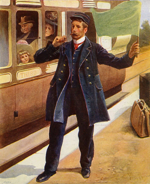 Guard blowing his whistle as the train is about to depart (colour litho)