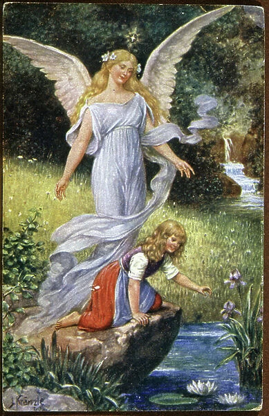 guardian angel watching over a child, c. 1910 (postcard)