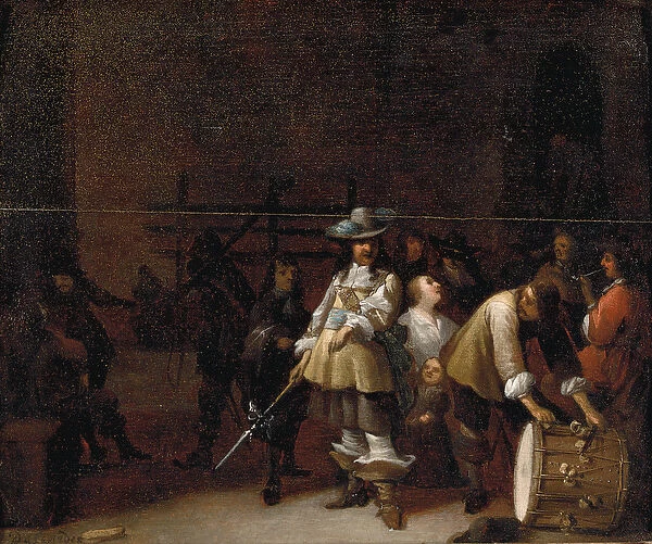 A guardroom interior with a cavalier conversing with a drummer (oil on panel