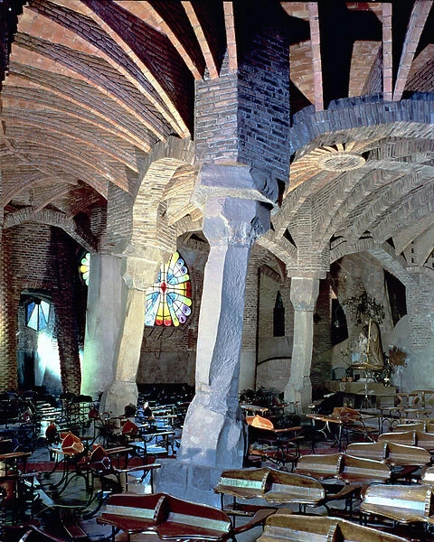 Guell Crypt with its tilted column, built by Antonio Gaudi (1852-1926) in 1908-15 (photo)