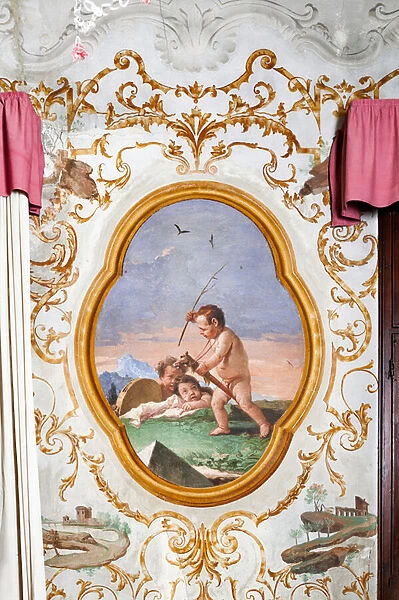 Guest Lodgings, the Room of the Putti, medallion with putti: 'Three putti playing on a wooden horset', 1757 (fresco)