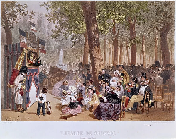 The Guignol Theatre on the Champs Elysees, 1856 (colour litho)