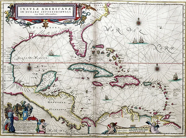 Gulf of Mexico and the Caribbean, from Blaeu's Atlas of the Americas, 17th century (coloured engraving)