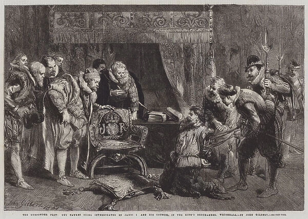 The Gunpowder Plot, Guy Fawkes being interrogated by James I and his Council in the Kings Bedchamber, Whitehall (engraving)