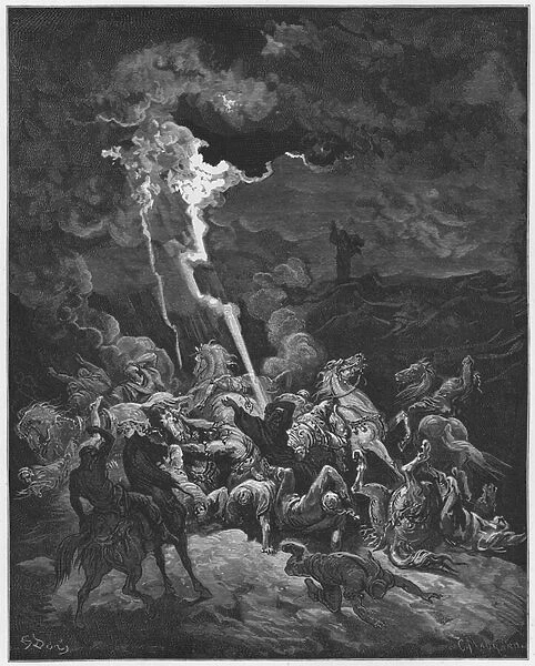 Gustave Dore Bible: Elijah destroys the messengers of Ahaziah by fire (engraving)