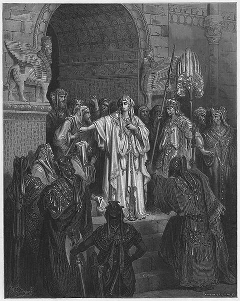 Gustave Dore Bible: The Queen Vashti refusing to obey the command of Ahasuerus (engraving)