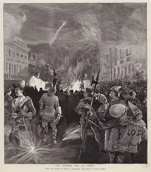 Guy Fawkes Day procession in Lewes, Sussex, 5 November 1892 (litho)