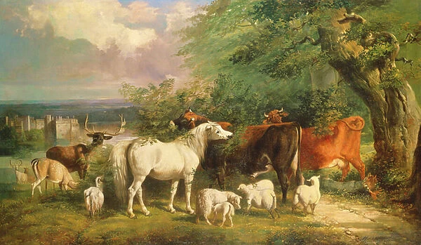 Haddon Hall with Sheep, Cattle, a Stag and a Pony (oil on canvas)