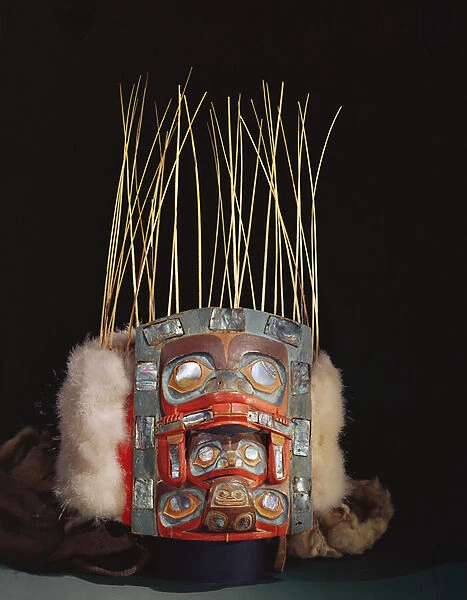 Haida or Tinglit mask (painted wood with fur, shell & reeds)