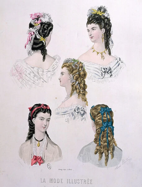 Hairstyles with ribbons, illustration from La Mode Illustree