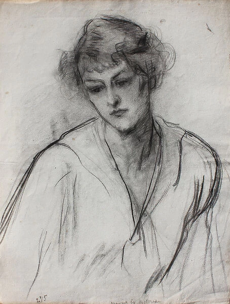 Half length portrait of a young girl, leaning forward, c. 1910 (black chalk on paper)