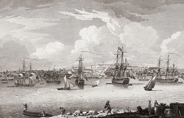 Halifax town and harbour, Nova Scotia, Canada. 18th century. (engraving)