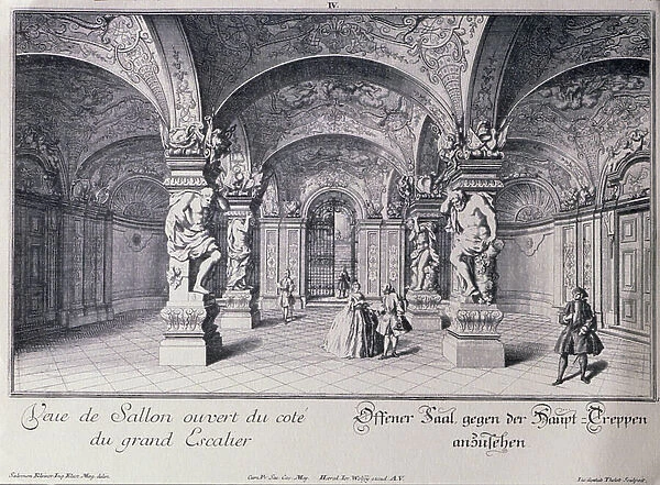 The Hall (Sala Terrena) of the Upper Belvedere in Vienna begun in 1721 by Johann Lukas von Hildebrandt, engraved by Thelot (engraving)