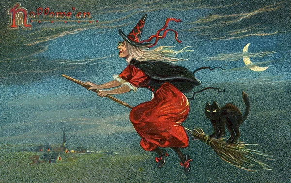 Halloween Witch and Black Cat Riding Broom at Night, 1908 (colour litho)