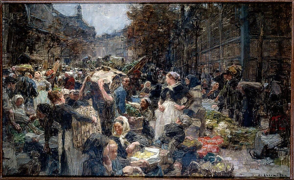 The halls. The crowd of the Marche des Halles in Paris in the 19th century