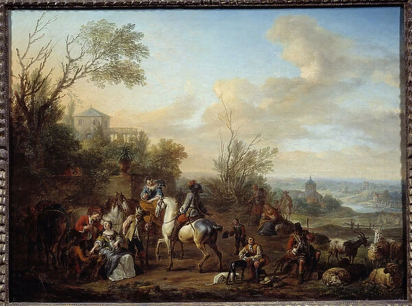 Halt of hunters Painting by Carel Van Falens (1683-1733) 18th century Sun. 0, 45x0, 6 m