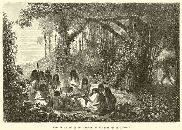 Halt of a party of Antis Indians at the entrance of a forest (engraving)