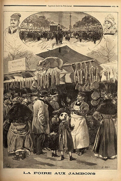 The ham fair, the annual big market for delicaters from all French regions on the boulevard Richard Lenoir, in Paris. Engraving in 'Le petit journal'17  /  4  /  1898. Selva Collection