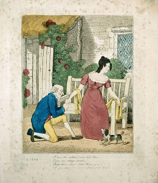 A hand coloured lithographed scene of a man proposing, c