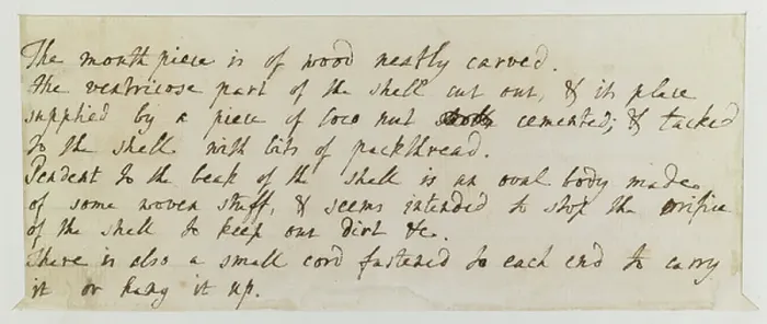 Framed Print : A handwritten description of the construction of an object, made with shell and wood