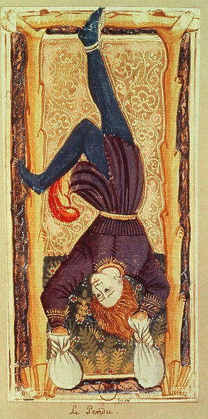 The Hanged Man, tarot card from the Charles VI or Gringonneur deck (painted card)