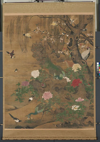 Hanging Scroll, Birds Gather under the Spring Willow, late 1400s-early 1500 (ink & colour on silk)
