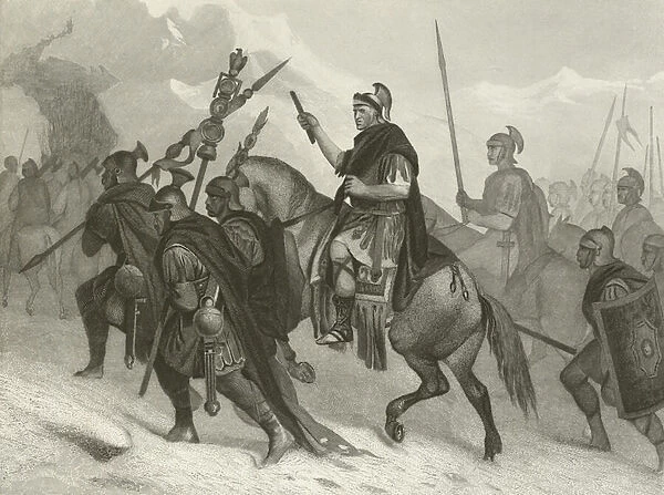 Hannibal and his army crossing the Alps, 218 BC (engraving)