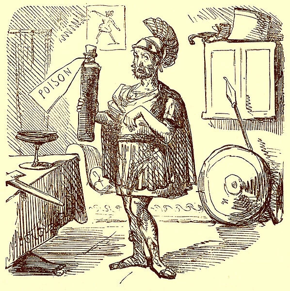 Hannibal makes the usual Neat and Appropriate Speech Previous to Killing Himself, illustration from The Comic History of Rome by Gilbert Abbott a Beckett, published c. 1850 (digitally enhanced image)