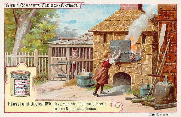 Hansel and Gretel: Gretel traps the witch in her oven (chromolitho)