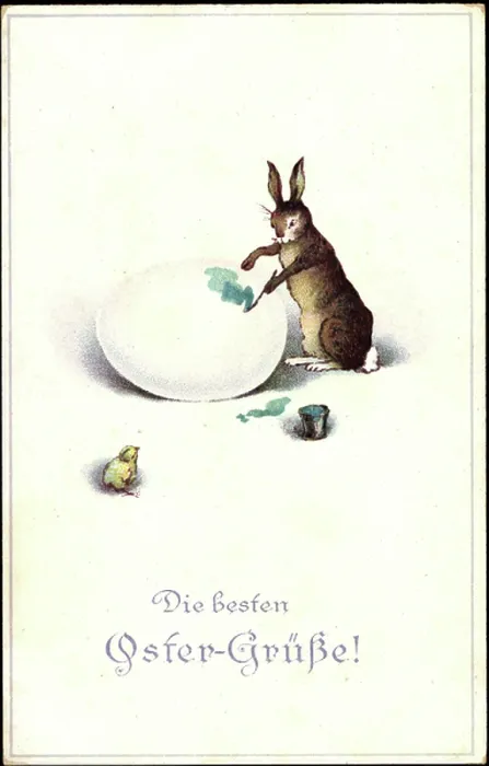 Framed Print : Happy Easter, Easter Bunny paints egg, chick watches Framed Print : Happy Easter, Easter Bunny paints egg, chick watches