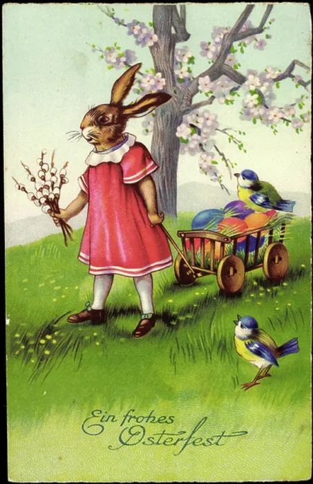 Framed Print : Happy Easter, Easter Bunny pulls wagons, Easter eggs, sparrows